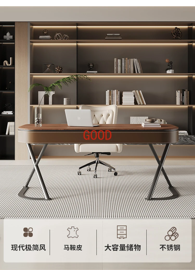 

Italian minimalist high-end solid wood desk living room home walnut veneer saddle leather office computer desk and chair