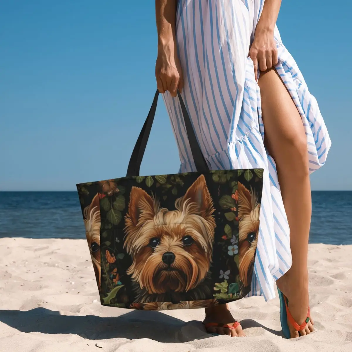 Cute Yorkshire Terrier With Flowers Beach Travel Bag, Tote Bag Personality Shopping Travel Birthday Gift Multi-Style Pattern