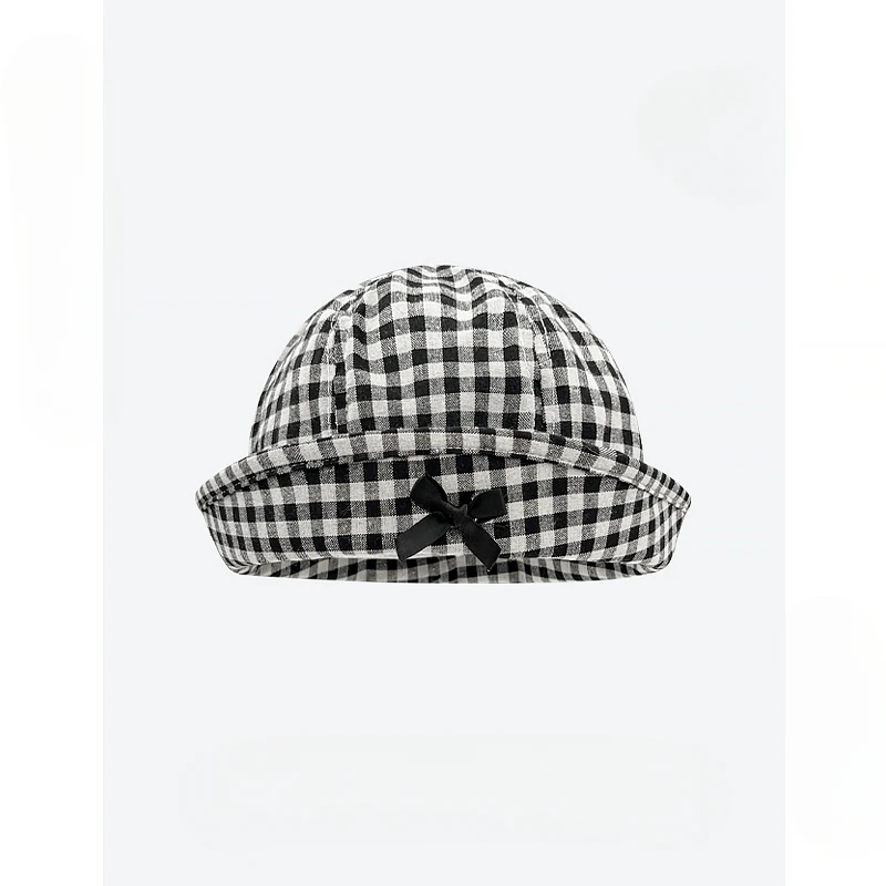 

Niche Japanese New Flipped Brim Plaid Bow Decorative Bucket's Hat Women's Summer Thin Breathable Versatile Dome Sailor Cap