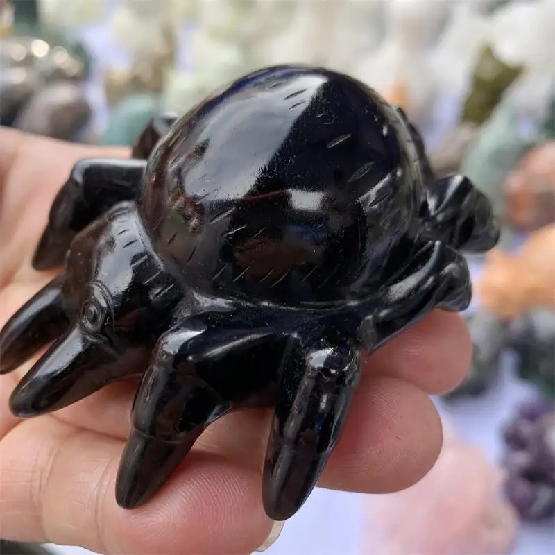 

Natural Black Obsidian Spider Carving Crystal Healing Stone Creative Holiday Gifts For Kids Home Decor 1pcs