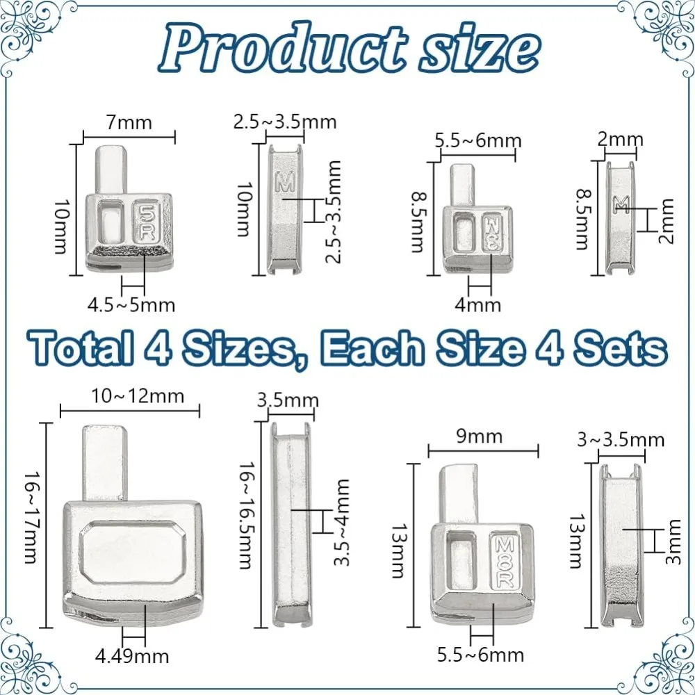 16 Sets 4 Styles Clothing Accessories Zinc Alloy Zipper Repair Accessories 3#5#8#10# Insert Box and Pin Fix Retainer Platinum