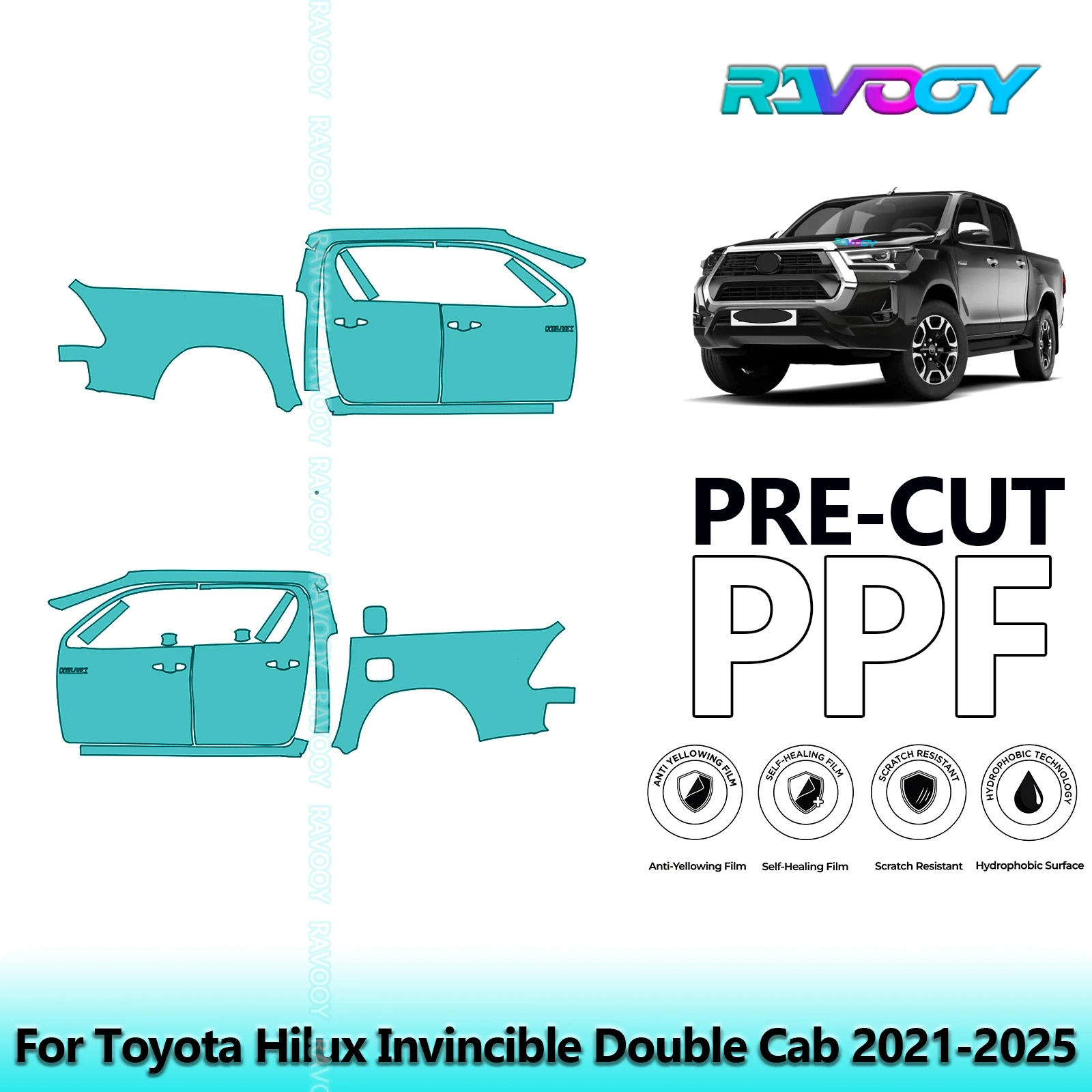 

For Toyota Hilux Invincible Double Cab 2021-2025 8.5mil Pre-Cut PPF Door & A/B Pillar Kit TPU Paint Protection Film Set