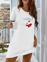 Women's Summer Short Sleeve Plus Size Solid Color Dress Top Nightgown Peplum Streetwear Santa Claus Christmas Tree Printed