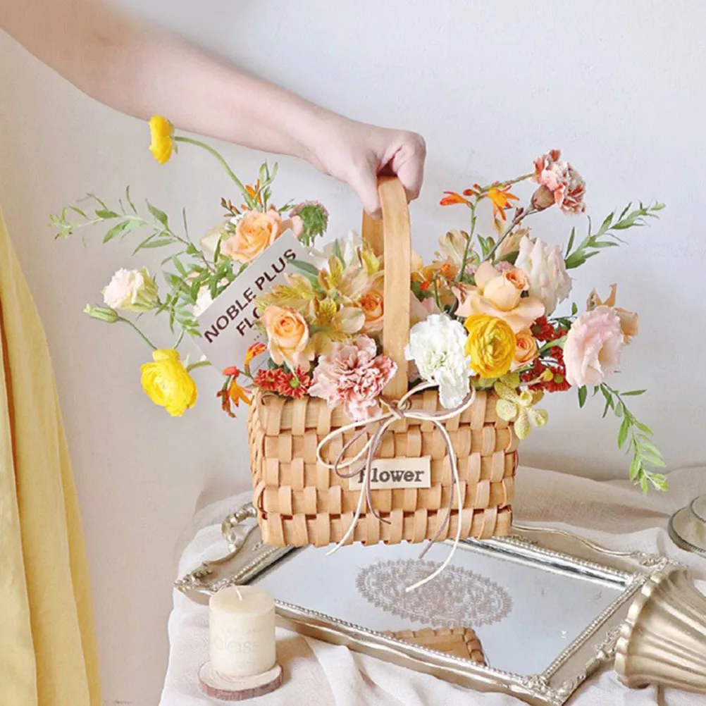 

1pc Wooden Flower Basket Handheld Woven Design Multipurpose Storage For Gift Wrapping Festival Wedding Dried Fruit Snacks
