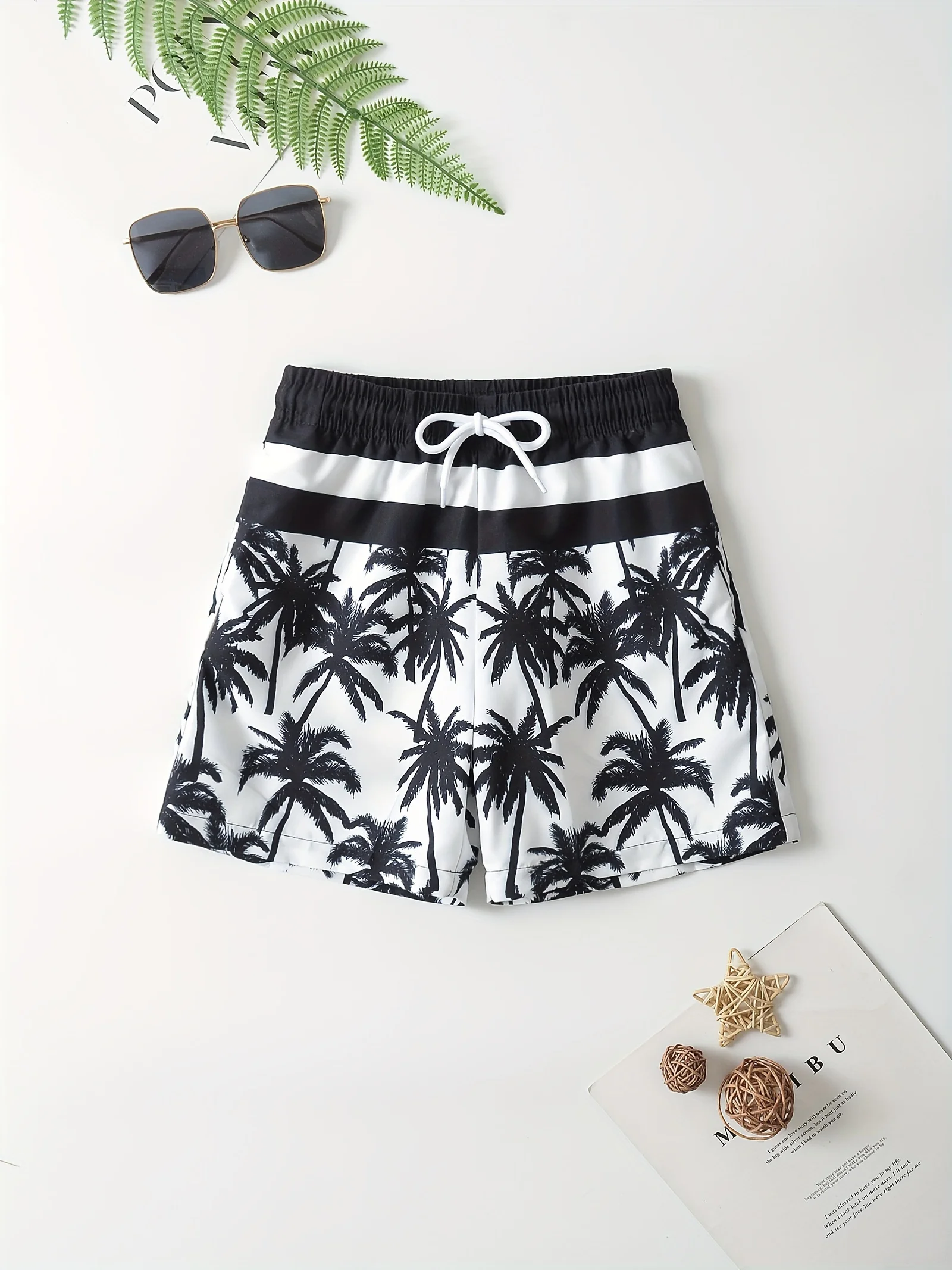 

Children's Lightweight Quick-Drying Drawstring Casual Beach Shorts with Tropical Coconut Tree Pattern, Seaside Beach Outdoor Sho