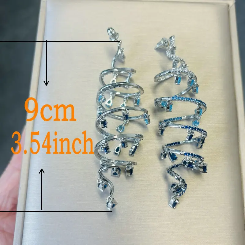 Bilincolor Blue  Cubic Zirconia Spiral Tassel Earring for Women