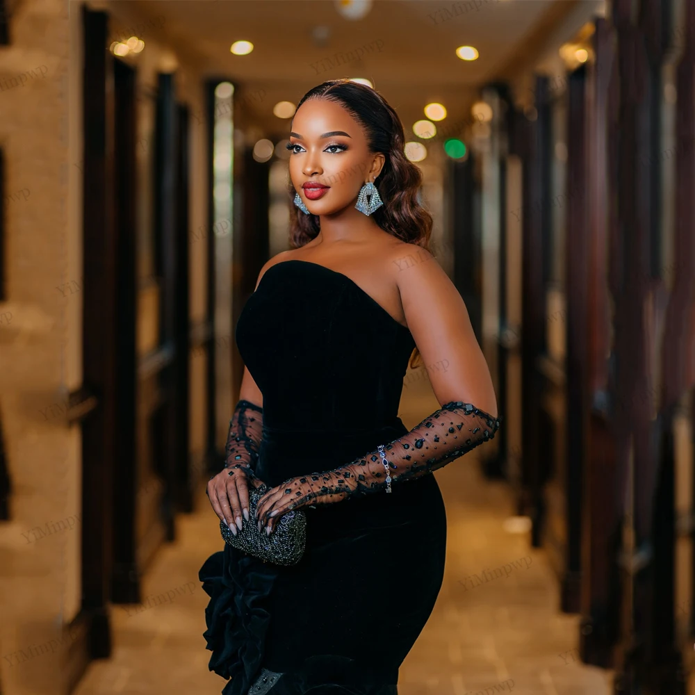 Velvet Diamond Aso Ebi Evening Dresses With Flowers Strapless Beaded Mermaid Birthday Dresses Baddie Black Girl Customized