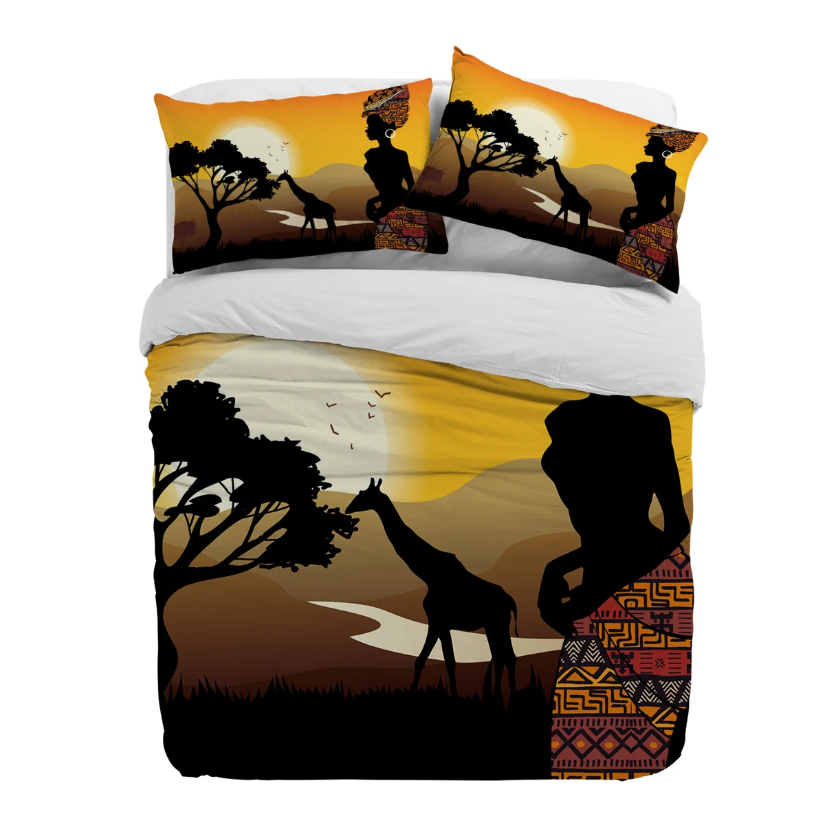 

African Woman Giraffe Silhouettes Duvet Cover With Pillow Case Custom 3pcs Bedding Set Quilt Cover Double Bed Home Textile