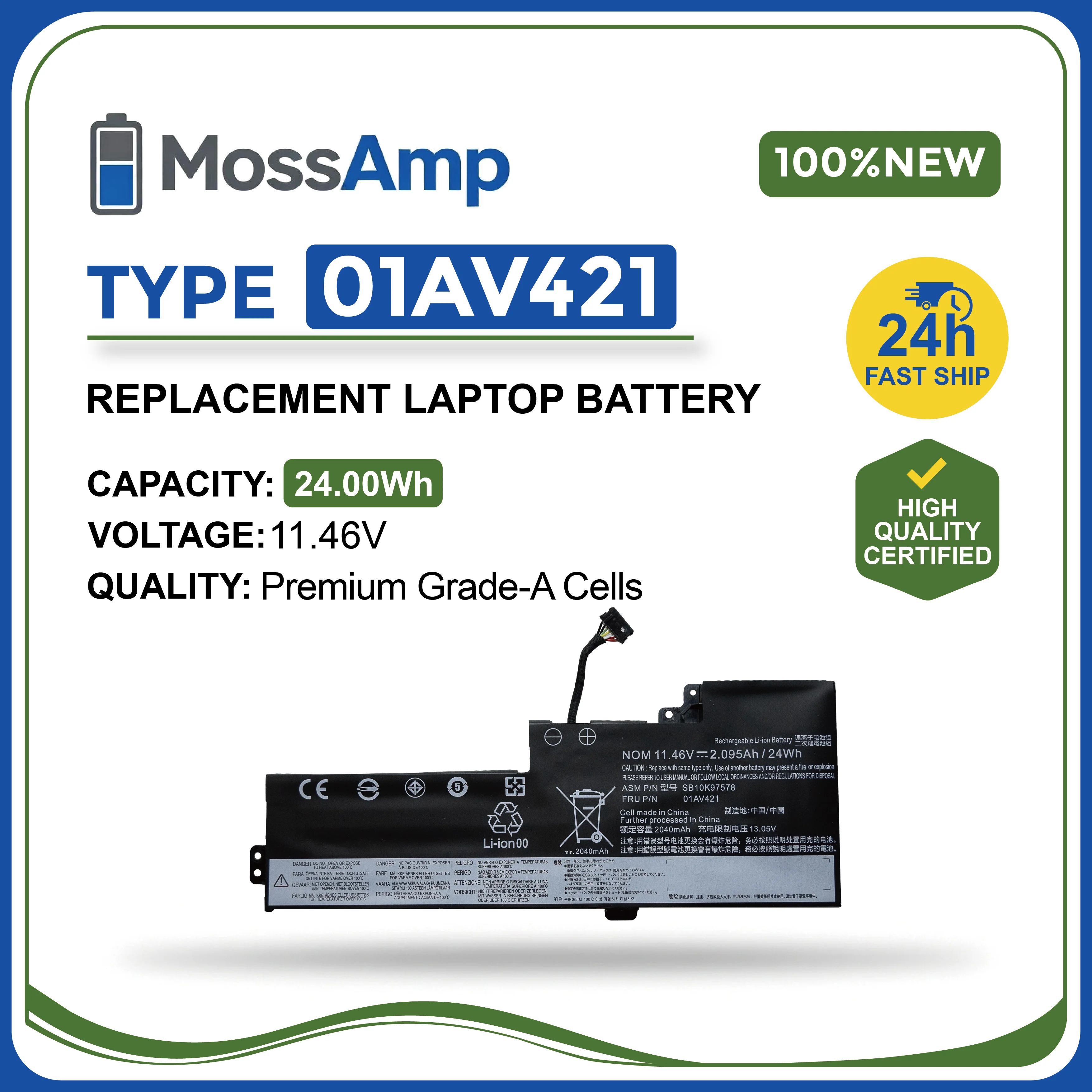 Аккумулятор для ноутбуков MossAmp 11.46V 24WH 01AV421 для ThinkPad T470 T480 T570 T580 A475 A485 TP25 01AV419 01AV420 01AV427 01AV428