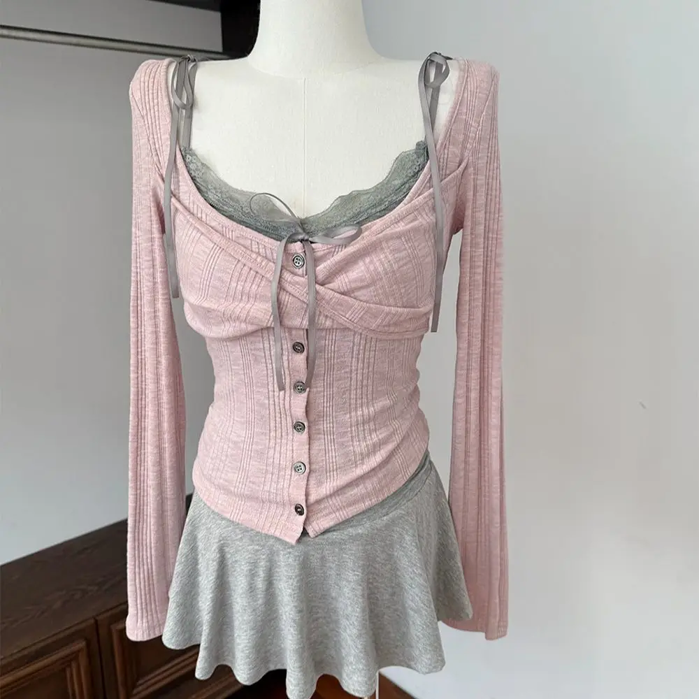 Spring Y2k Aesthetic 2 Pieces Set Women Autumn V-Neck Sexy Pleated Tops +Gray Sweet Bandage Straples Vest Fairy Grunge Suit