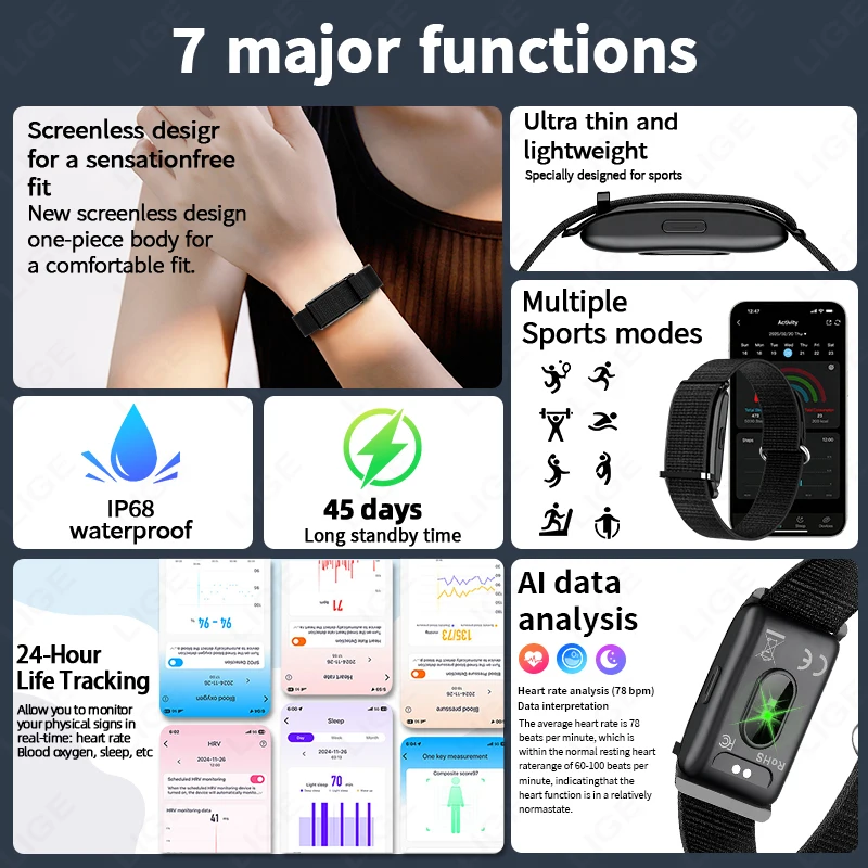 

LIGE 2026 No Screen Smart Watch Sports Outdoors Fitness Heart Rate Monitor 1ATM Waterproof Screenless Smartwatch For Android ios