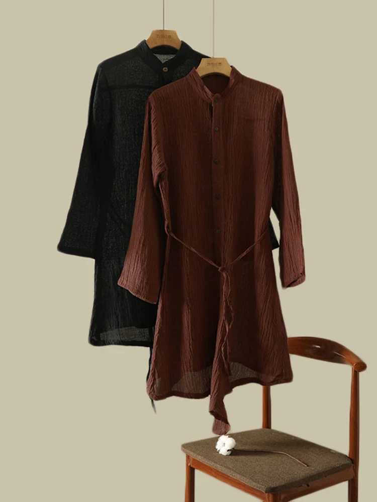 

Textured Folded Pure Color Midi irt Women's Belted Waist in Spring Summer New Sle Loose Fit Long Sve Stand Collar Open...