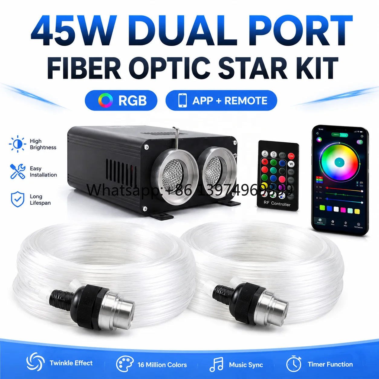 45W RGB Fiber Optic Star Ceiling Light Kit Dual 30mm Port LED Light Source for Home Theater