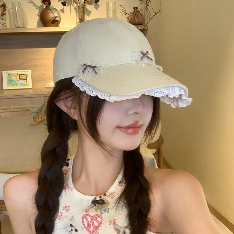 

Korean Version Bow Lace Edge Baseball Cap Women's Spring and Autumn Versatile Big Head Sweet Adjustable Sunshade Sports Hat