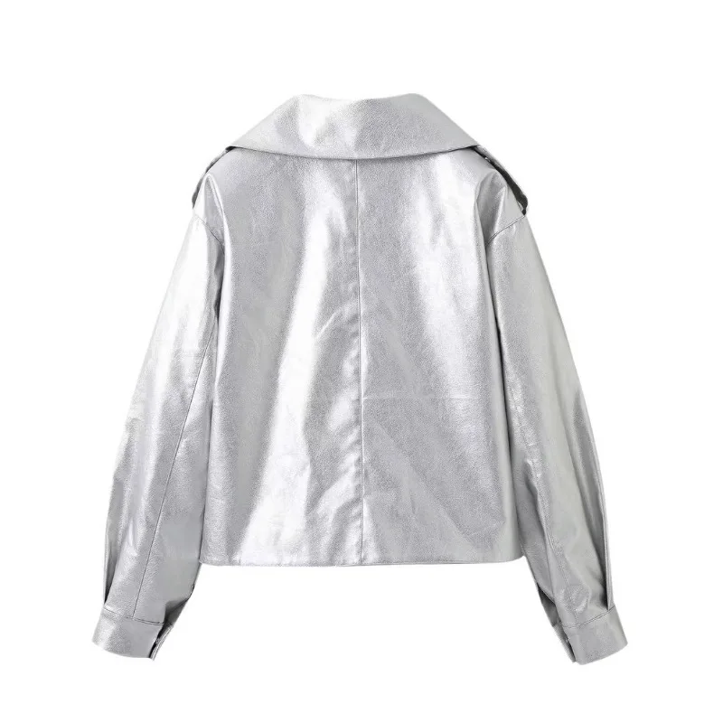 Chaquetas de cuero falso de gran tamaño para mujer, abrigos sueltos de plata, ropa de calle de cuero PU, chaqueta de motocicleta, Otoño e Invierno