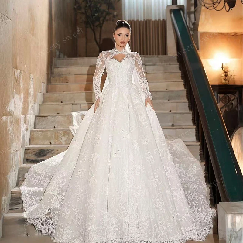 

Elegant Detachable Train Wedding Dress Organza With Embroidery Mermaid Ballgown High-Neck Fullsleeve Customized Vestido De Novia