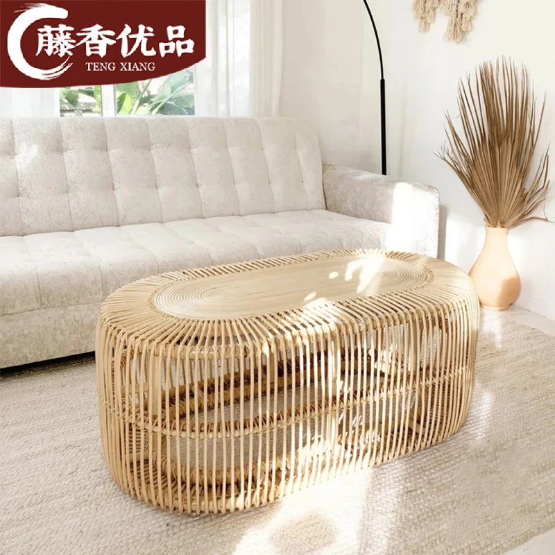 ins Nordic natural rattan weaving process oval coffee table household real rattan furniture Japanese rectangular