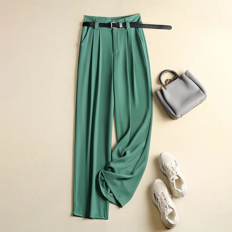 New Arrival 2023 Spring Summer Korea Fashion Women High Waist Loose Length Pants All-matched Casual Green Wide Leg Pants P17