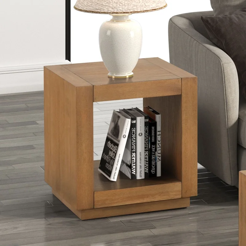 

Contemporary Medium Oak Square End Table with Open Bottom Shelf for Living Room