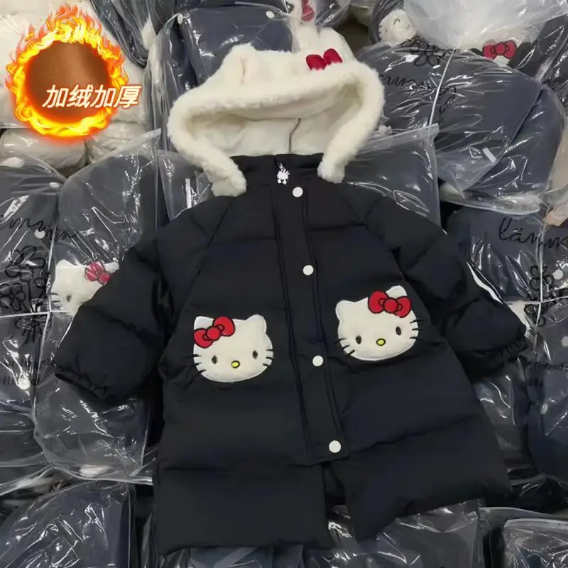 New Style Sanrio Girl Hello Kitty Medium Length Cotton Clothes Kuromi Child Thicken Coat Hello Kitty Kawaii Winter Cartoon Gift