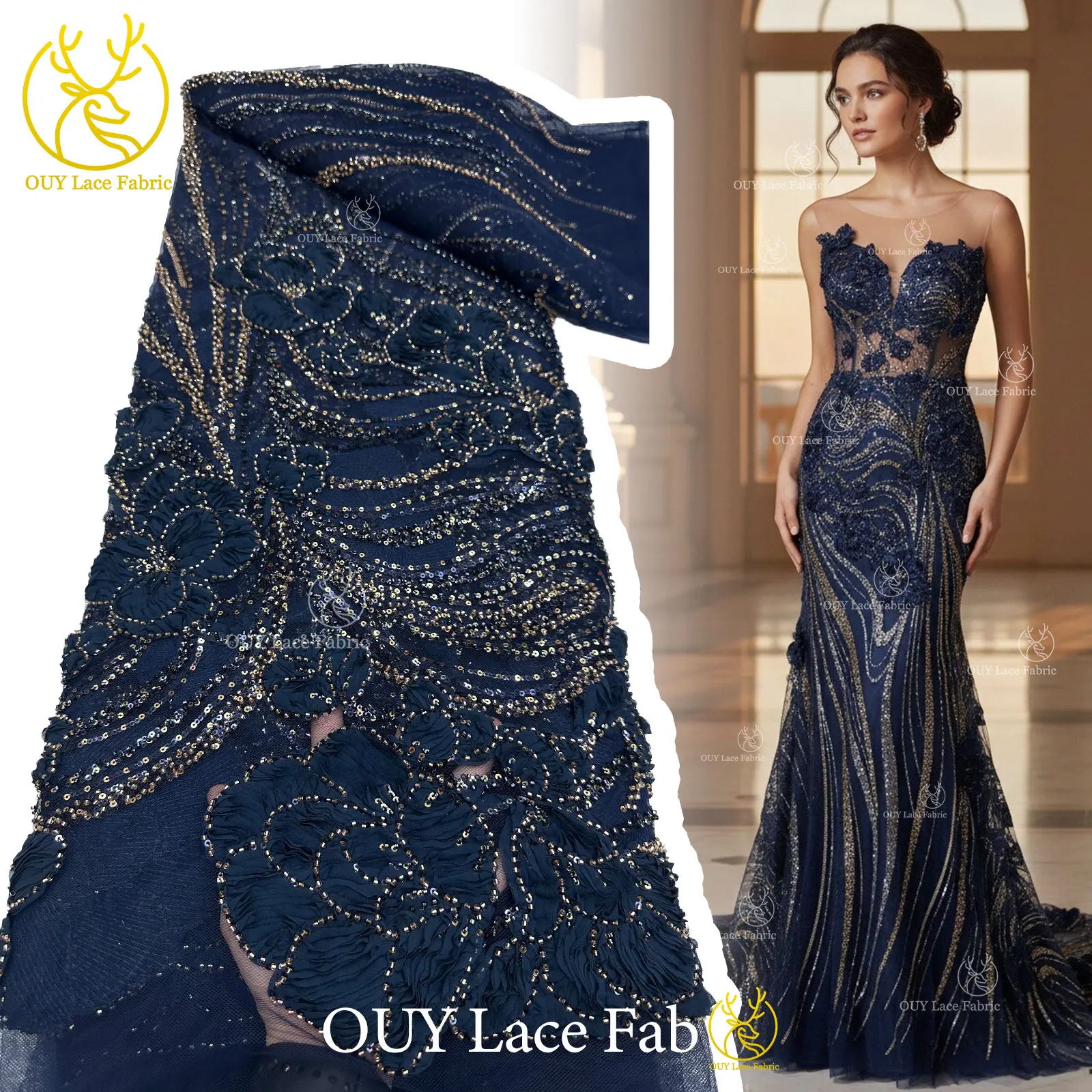 

Luxury Black French 3D Floral Beaded Fabric 2026 High Quality African Sequins Tulle Lace Fabric for Sewing Wedding Dresses