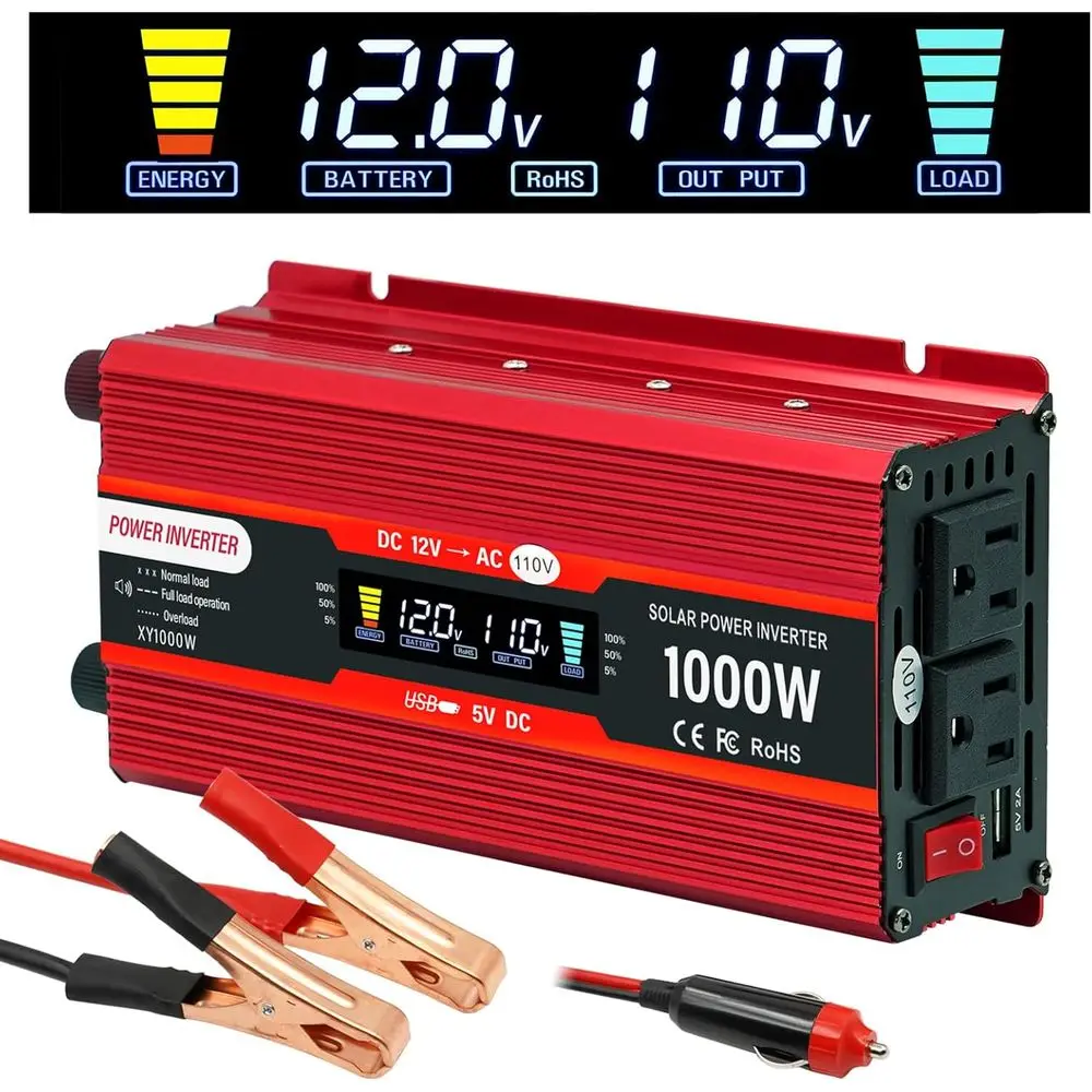 

12V to 110V 1000W/2000W Peak Power Inverters with Dual AC Outlets and 5V USB Charging Port