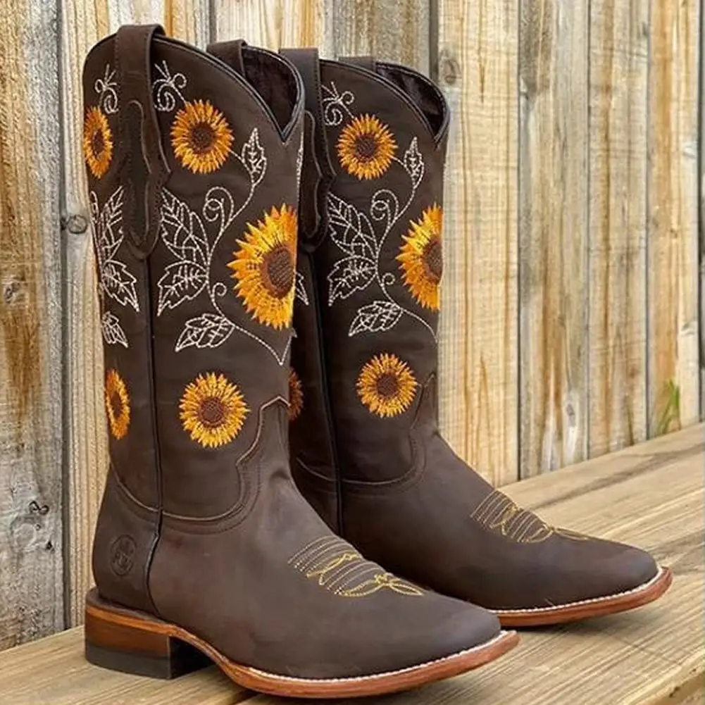 New Women Coffee Brown Embroidery Boots PU Leather Printed Western Cowboy Boots Deep V-mouth High Tube Casual Boots Classic