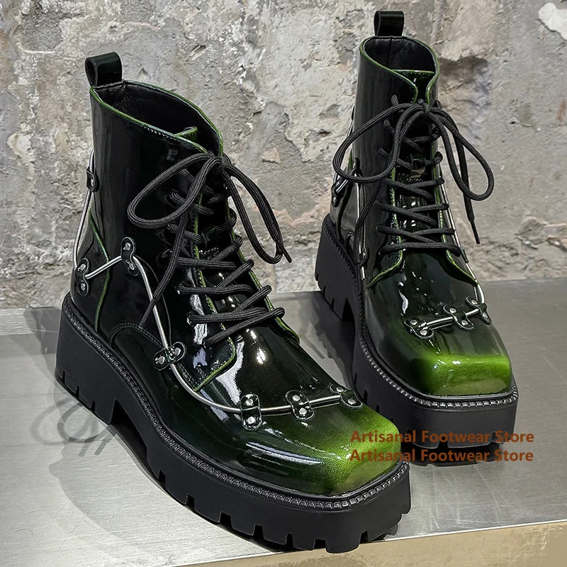 Shiny Metallic Green Patent Leather Ankle Boots Square Toe Lace Up Platform Sole Punk Non-Slip Boots Trendy Men's Booties