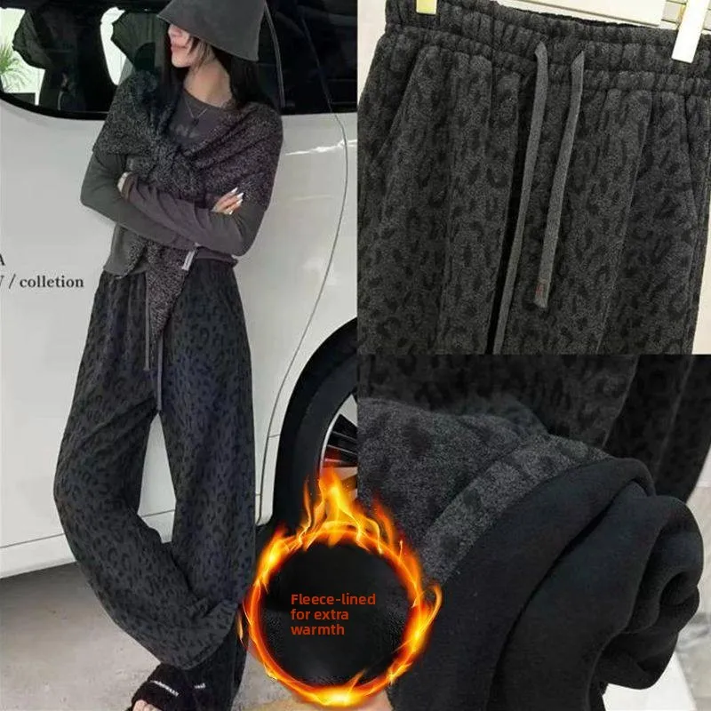 High Waist Fleece Lined Leopard Print Wide Leg Pants Women's Casual Trousers Autumn Winter New Style Slimming Versatile Lazy ...
