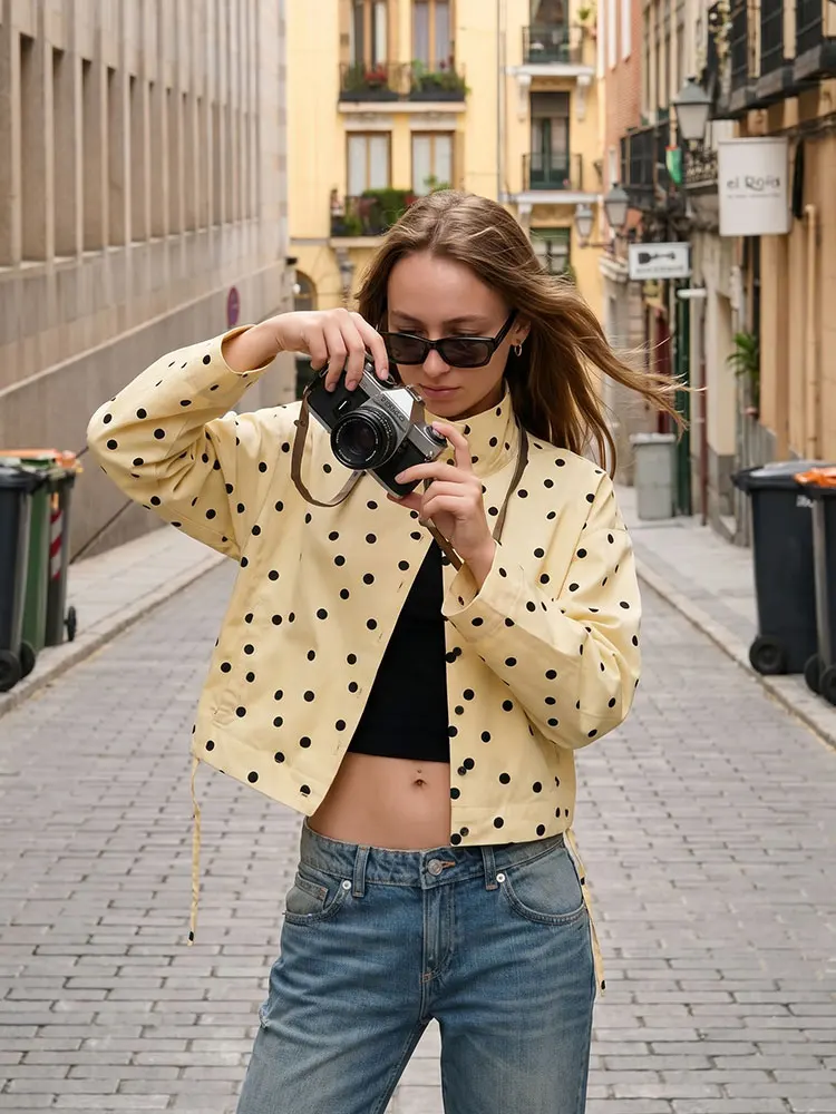 HH Women Fashion Yellow Polka Dot Coat Single Breasted Long Sleeve Turtleneck Cropped Jacket With Drawstring Female Streetwear view 5