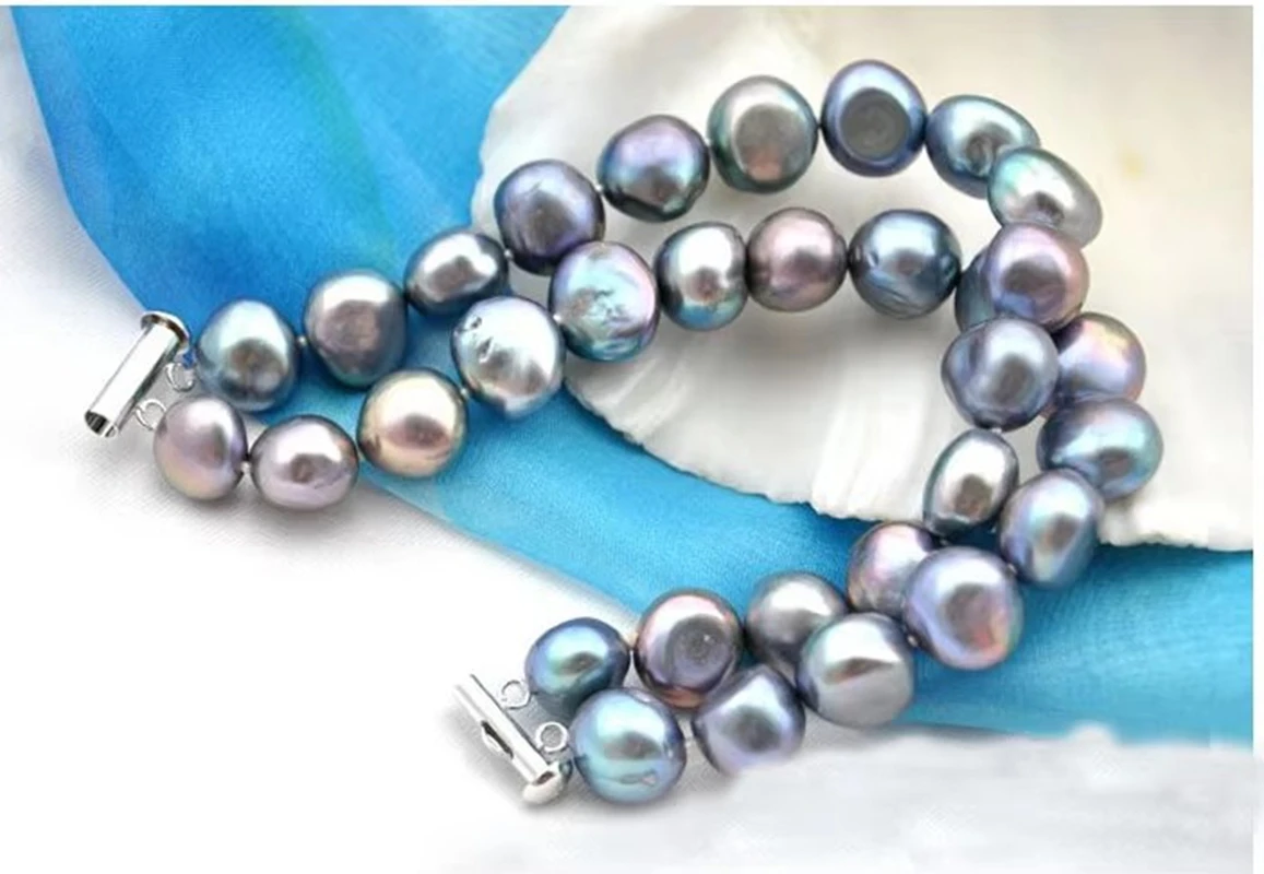 2 Layers 10mm Black Gray Pearl Baroque Bracelet Natural Freshwater Pearl Handmade Jewelry