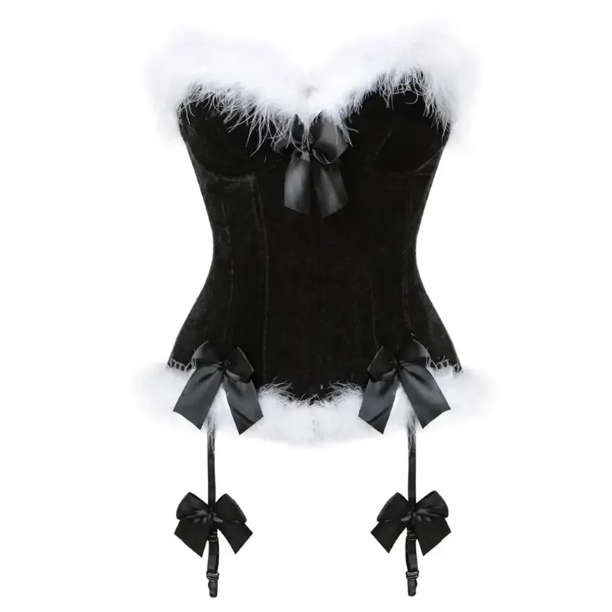 ผู้หญิง Burlesque Feathers Overbust Corset Christmas Santa เครื่องแต่งกาย Body Shaper Corset Bustier ชุดชั้นใน Top Plus ขนาด