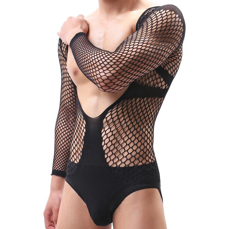 CLEVER-MENMODE Mesh Bodysuit Men Transparent Underwear Sexy Erotic Lingerie One-piece Thong Hollow Out Rompers Long Sleeveless