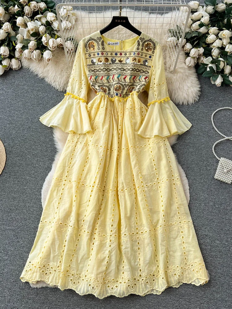 

Croysier Petal Elbow Sleeve Fashion Vintage Ethnic Style Cutwork Embroidery Dress Round Neck Sequin Bohemian Midi Dresses Women