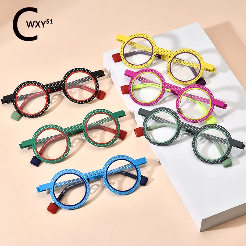 185821 Women Light Pure Titanium Myopia Glasses Frame Men Trend Hollow-out Retro Round Hand Glasses Can Be Matched with Lens