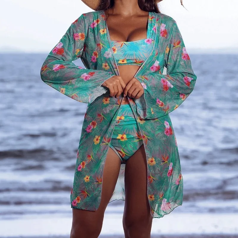 Chic Bathing Suit Woman Bikini Set Elegant Print High Waist Bikini Mesh Cover-Up 2025 New Sexy Casual Swimwear 3 Piece Beachwear