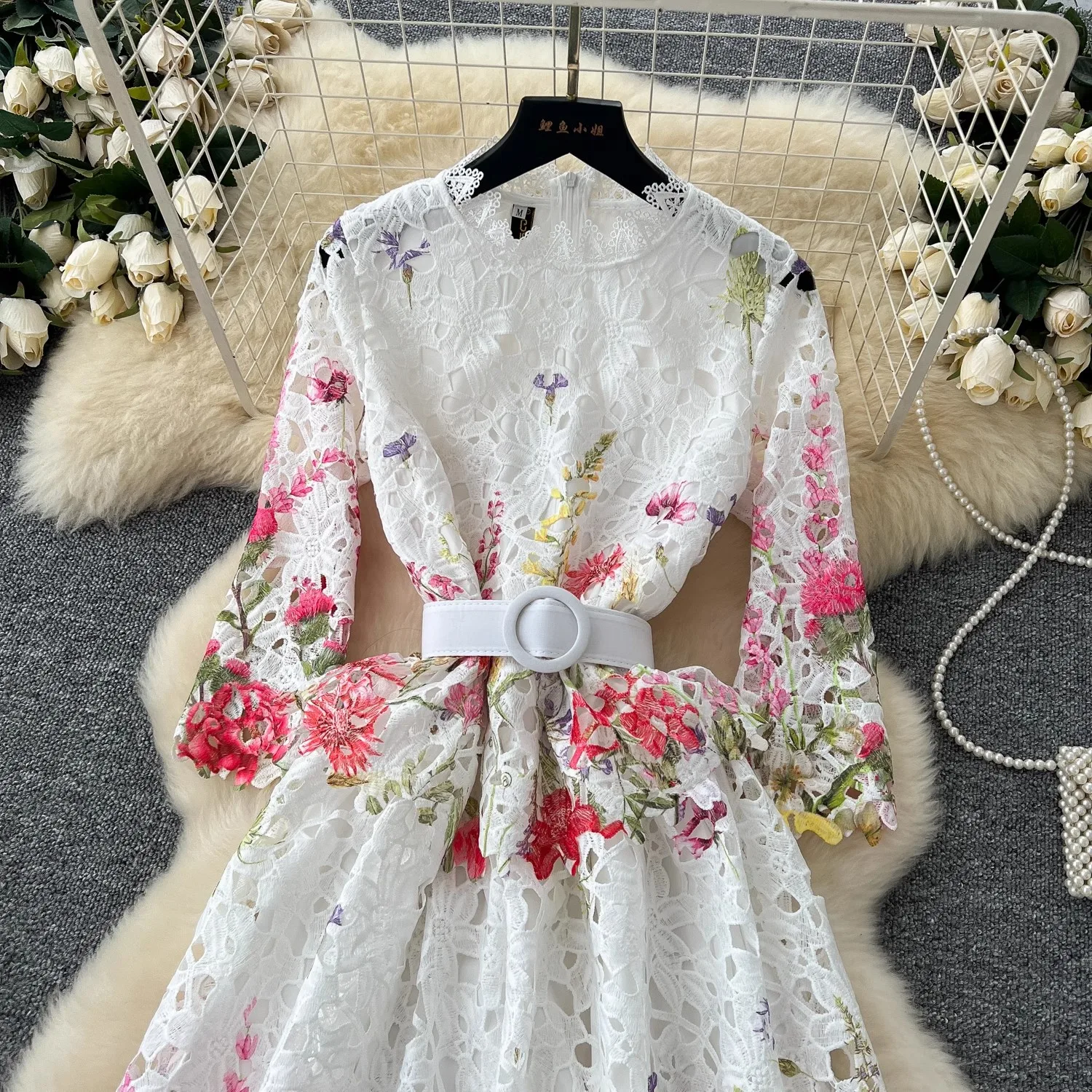 High Quality Summer Spring Lace Flower Print Midi Fashion Women Stand Collar Three Quarter Sleeve Hollow Out Party Casual Dress