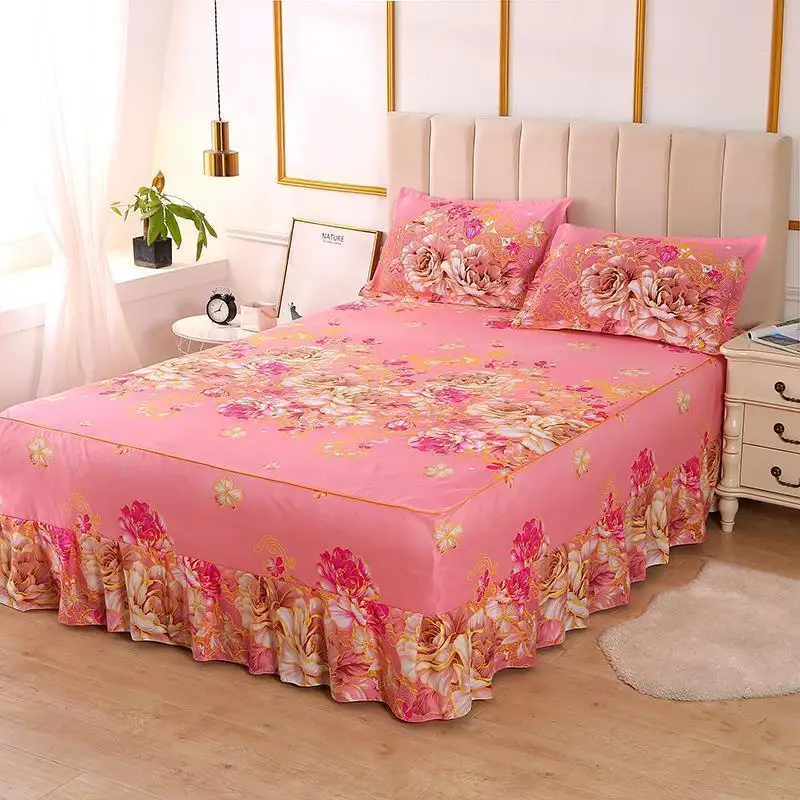 Bed Skirt with 2Pcs Pillow Covers Home textile Cotton Sheet with Skirt for King Queen Size Bed Spreads Bedroom Soft Bed Cover