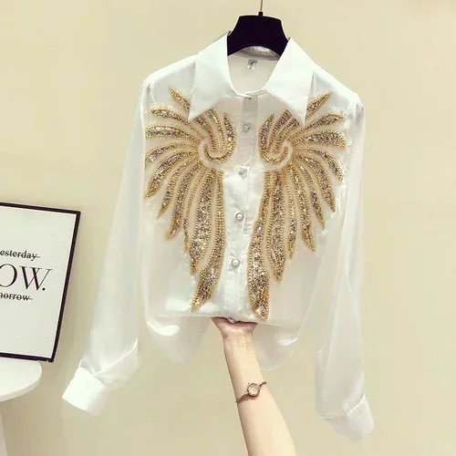 

Heavy Embroidery Sequins Long Sleeve Shirt Women New Spring Summer Camisas High-End Beaded White Blouse Office Ladies Top B137