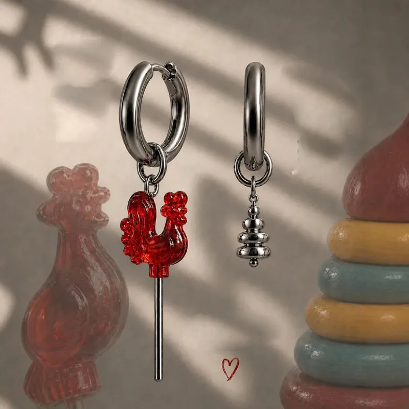 New Vintage Stereo Red Rooster Lollipop Acrylic Asymmetrical Hoop Earrings for Women Russian Folk Daily Wear Party Jewelry Gifts
