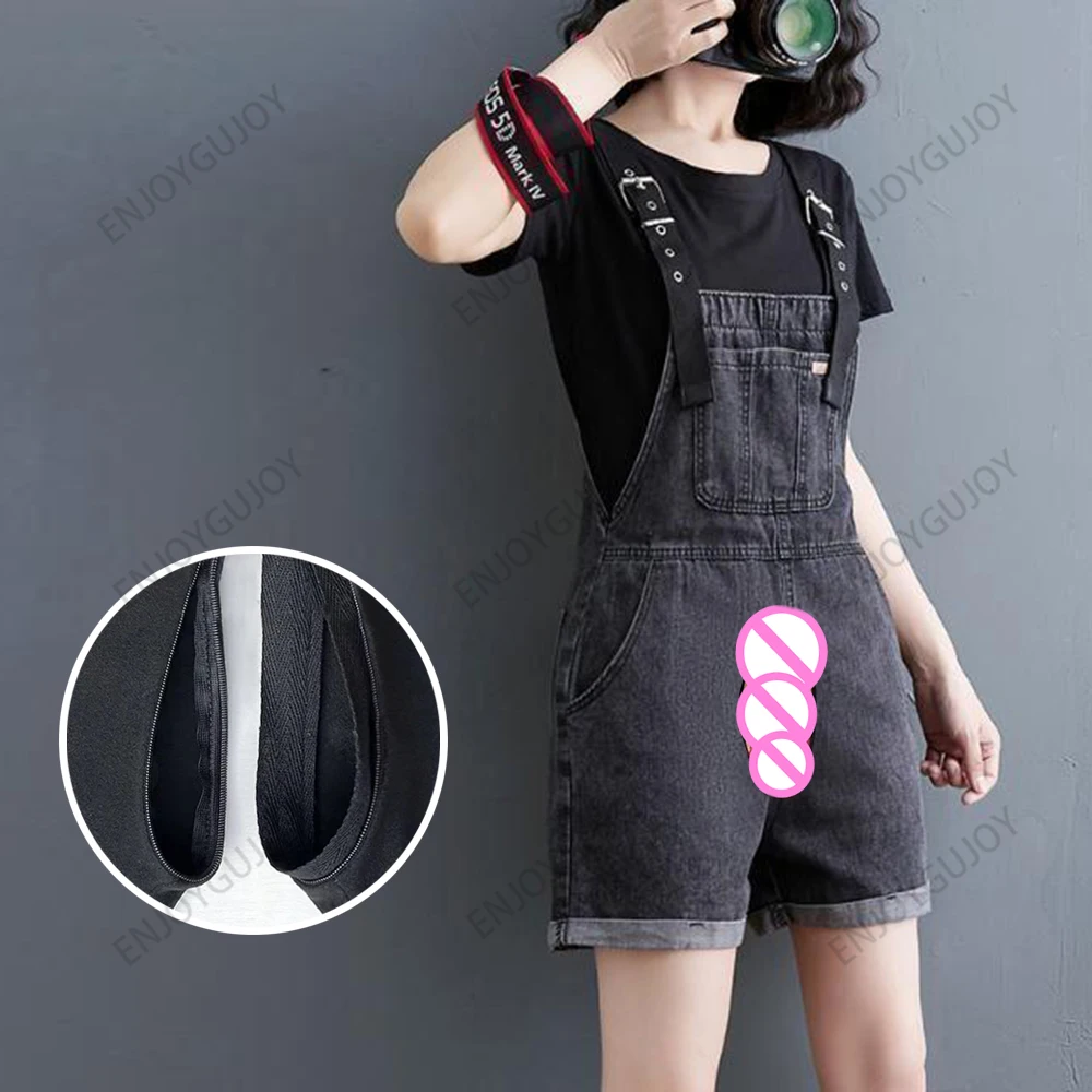 

Women's Summer Overalls，Loose Large Size Denim Suspender Shorts，Invisible Open Crotch Outdoor Sex，Curled Wide Leg Pants Erotic