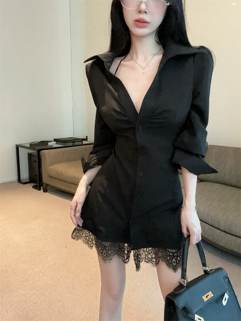 ชุดเดรสลำลองสไตล์เกาหลีสำหรับฤดูร้อน เสื้อเชิ้ตเดรสผู้หญิง แขนยาว คอวี แต่งลูกไม้ ติดกระดุมแถวเดียว ชุดมินิเดรส สไตล์ไฮสตรีทสุดชิค