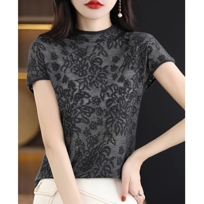 2023 Summer sexy Lace cashmere short sleeve women\'s thin breathable pullover cashmere fashion casual short sleeve