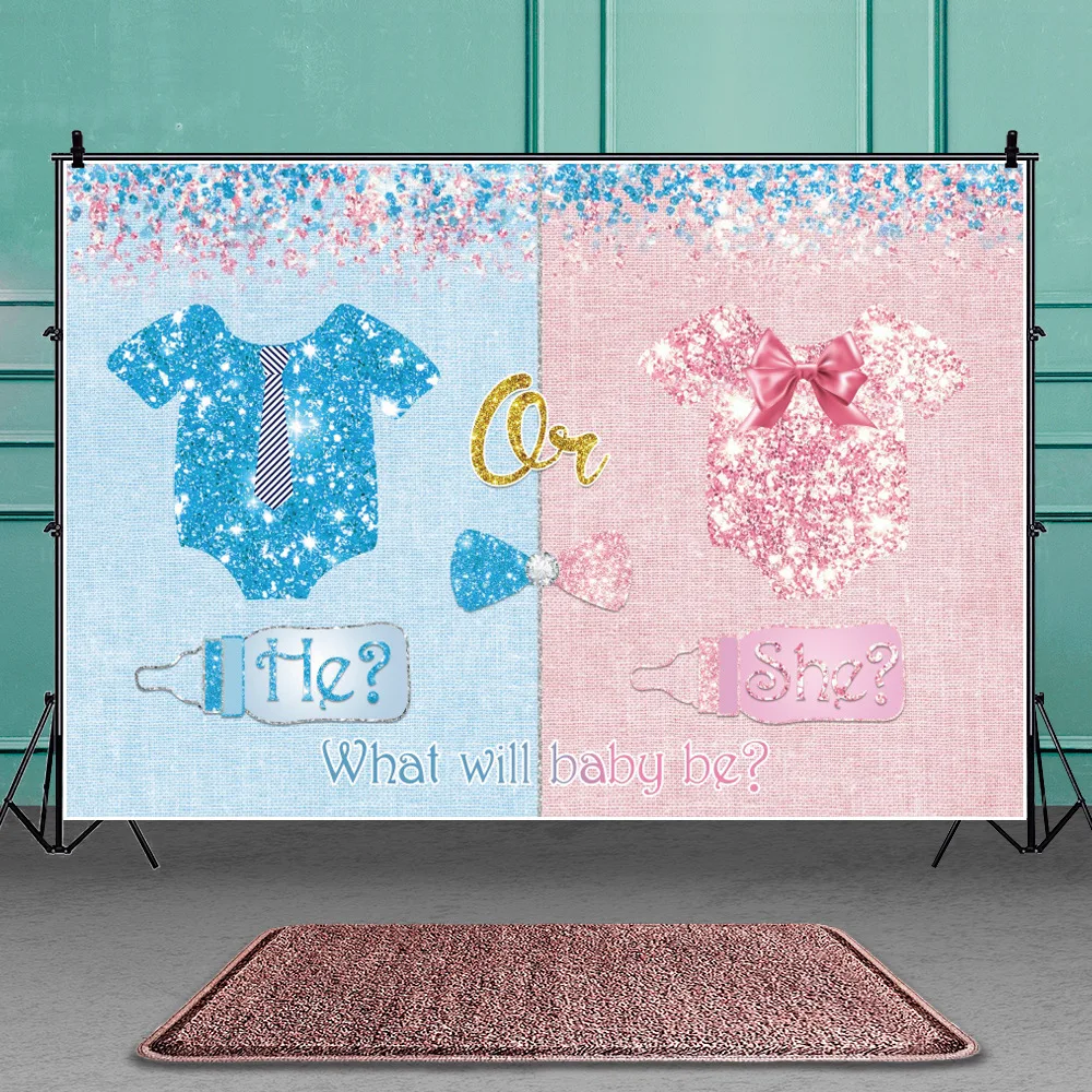 Blue Pink He Or She Gender Reveal Backdrop Boy Or Girl Newborn Baby Shower Party Decor Photography Background Banner Supplies