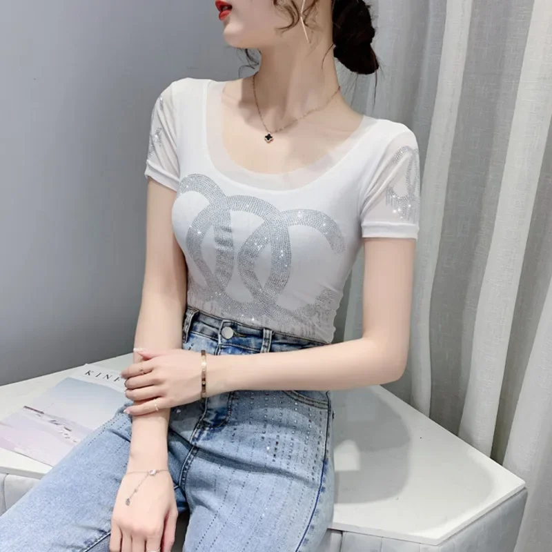 Summer Short Sleeve T Shirt  Women O-Neck Casual  T Shirt Femme Sexy Slim Mesh T-shirt Female Black White Red