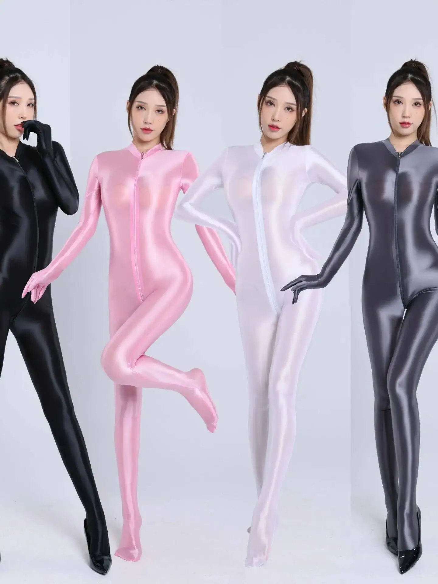 Glossy Smooth Silky Double-Ended Zipper Crotchless Footed Hand-Muffling Long Solid Color Long Sleeved Bodysuits Home Wear CBMU