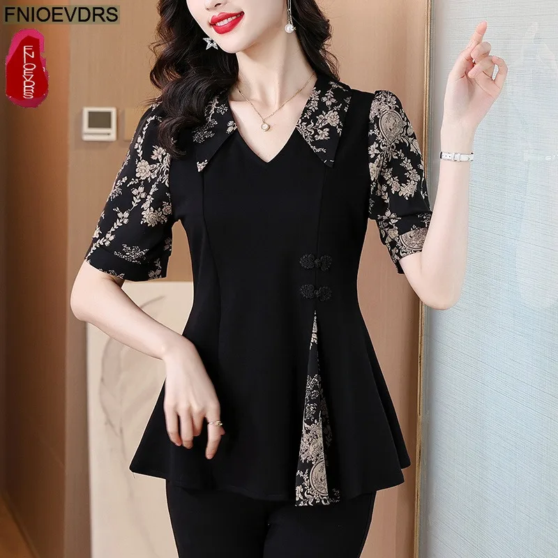Offres Spéciales – Nouveauté Été 2025 – Blouse Tunique Femme Ample à Boutons, Manches Courtes, Imprimé Floral, Peplum Noir