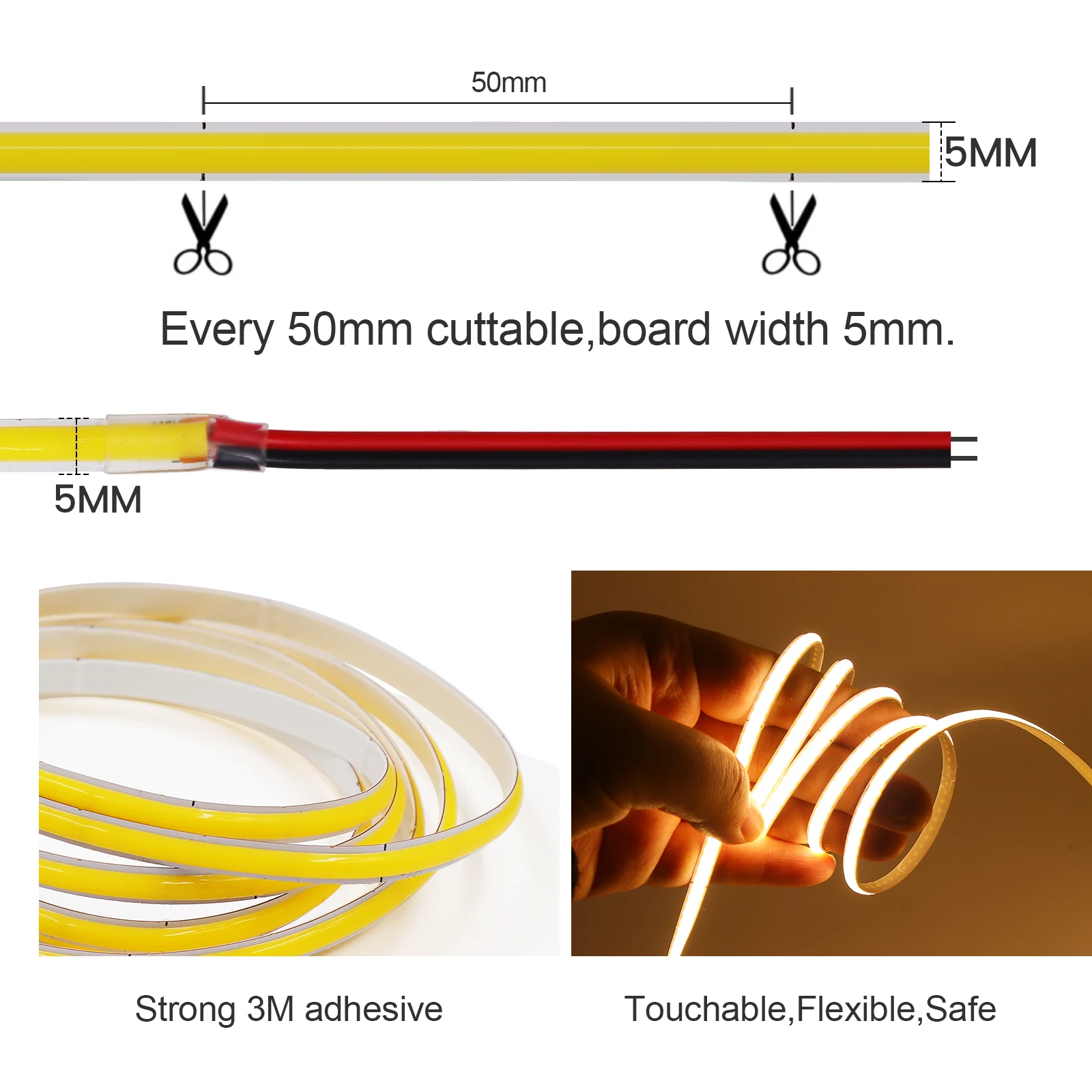 FOB COB LED Strip Lights 5V 12V 320LEDs/m High Density Flexible Diode Tape Light 5mm Width Linear Dimmable Ribbon for Room Decor