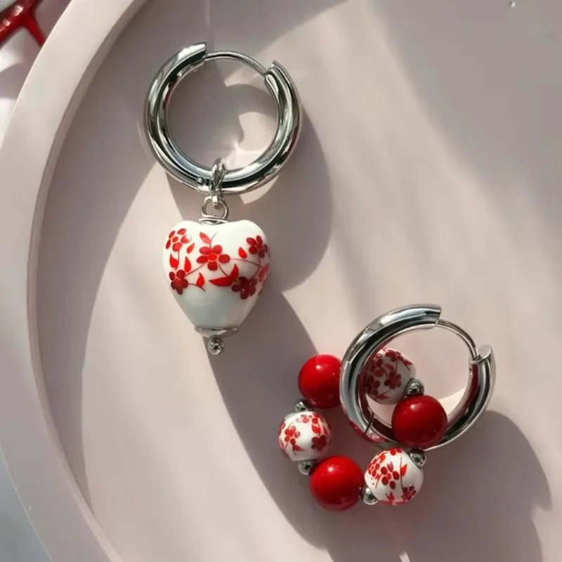 Chinese Style Blue and White Heart Geometry Ceramic Pendant Earrings for Women Asymmetry Earrings Stainless Steel Punk Jewelry