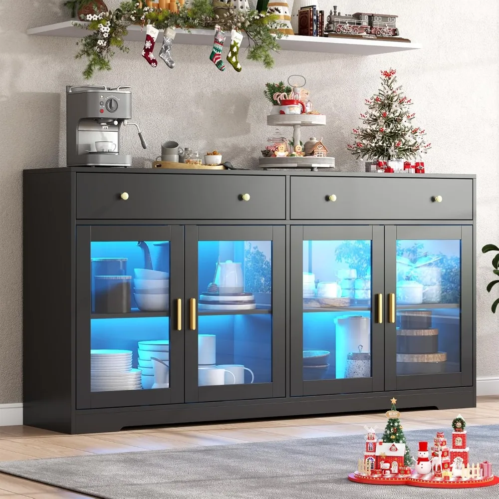 Armário buffet aparador com luzes LED, armário de armazenamento 55,1 com 2 gavetas grandes e 4 portas de vidro, armário de exibição de cozinha moderno